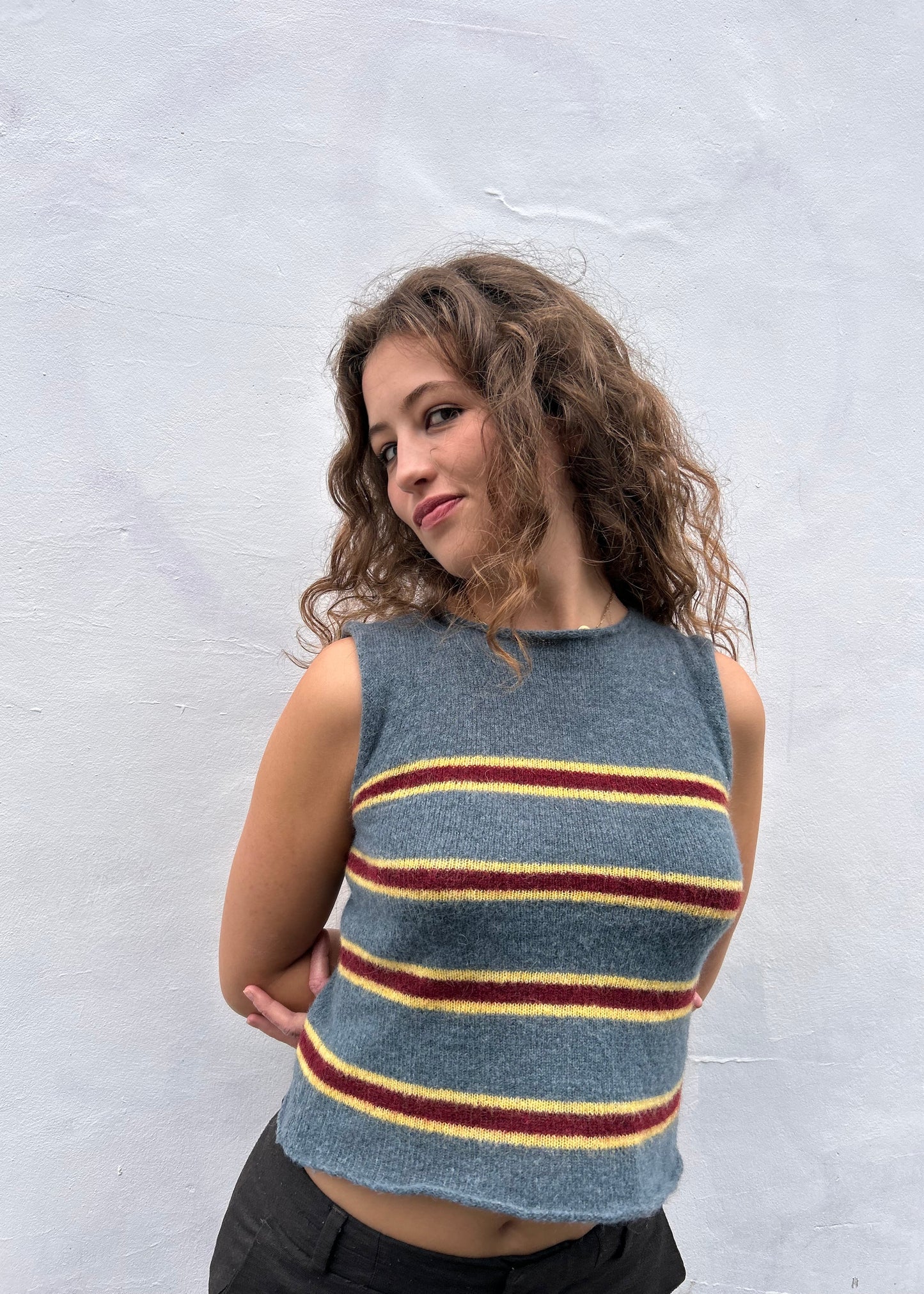Stripy Top - Smoky Blue, Burgundy, Yellow
