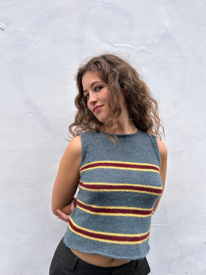 Stripy Top - Smoky Blue, Burgundy, Yellow